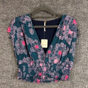 NEW $148 Free People Teal Morning sun‎ peerless Floral Print V-Neck Top - Size M